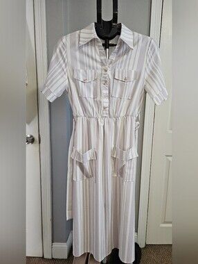 Womens Striped Shirt Dress in Light Gray/Lavender and White, Large.
